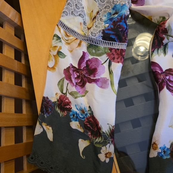 Johnny Was Floral Blouse - Purple, Yellow, Cream. 34" long, chest is 25".  Silk. - Picture 4 of 9